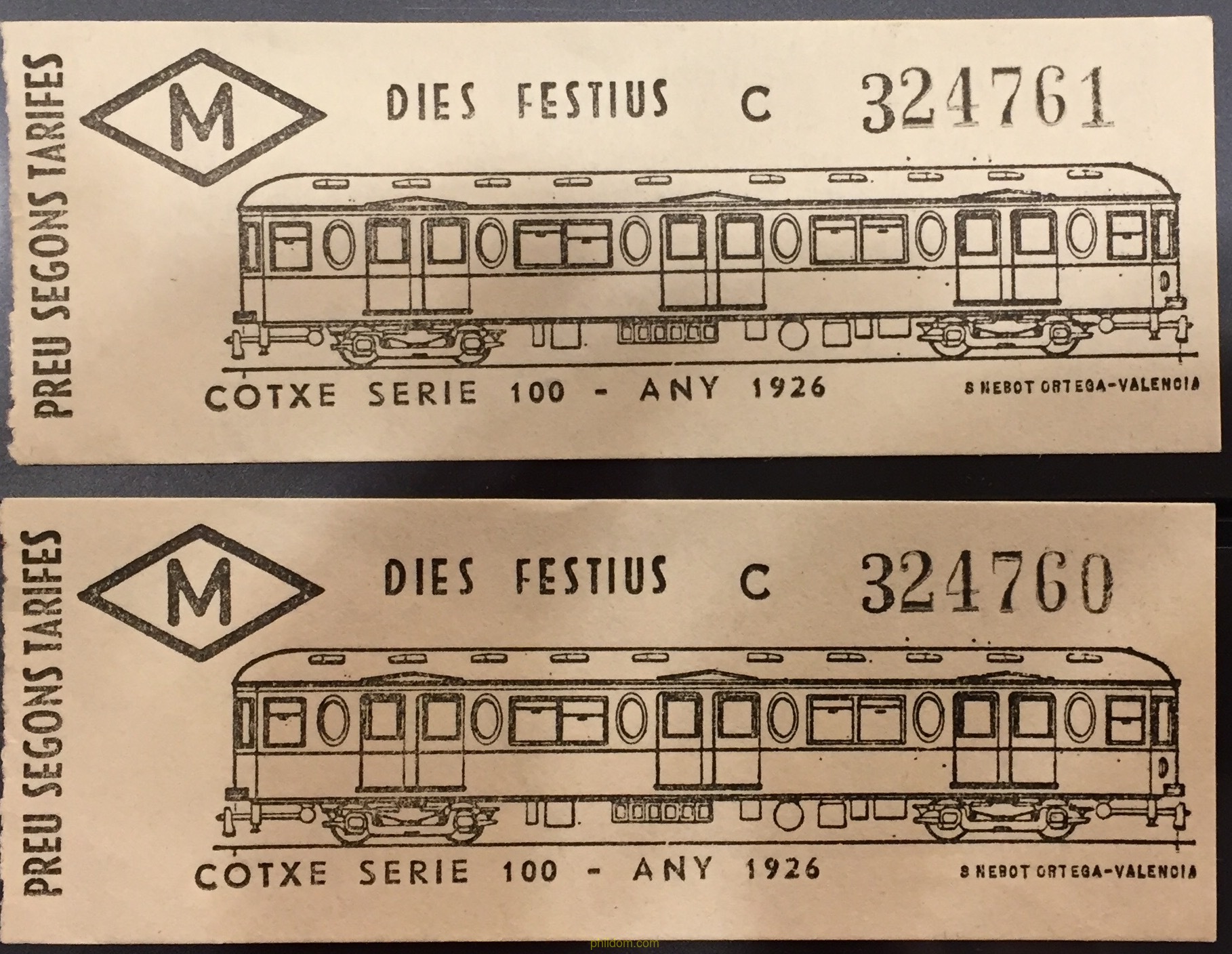 Tiquet, ticket, billete metro de Barcelona Cotxe serie 100 - año 1926 DIES FESTIUS