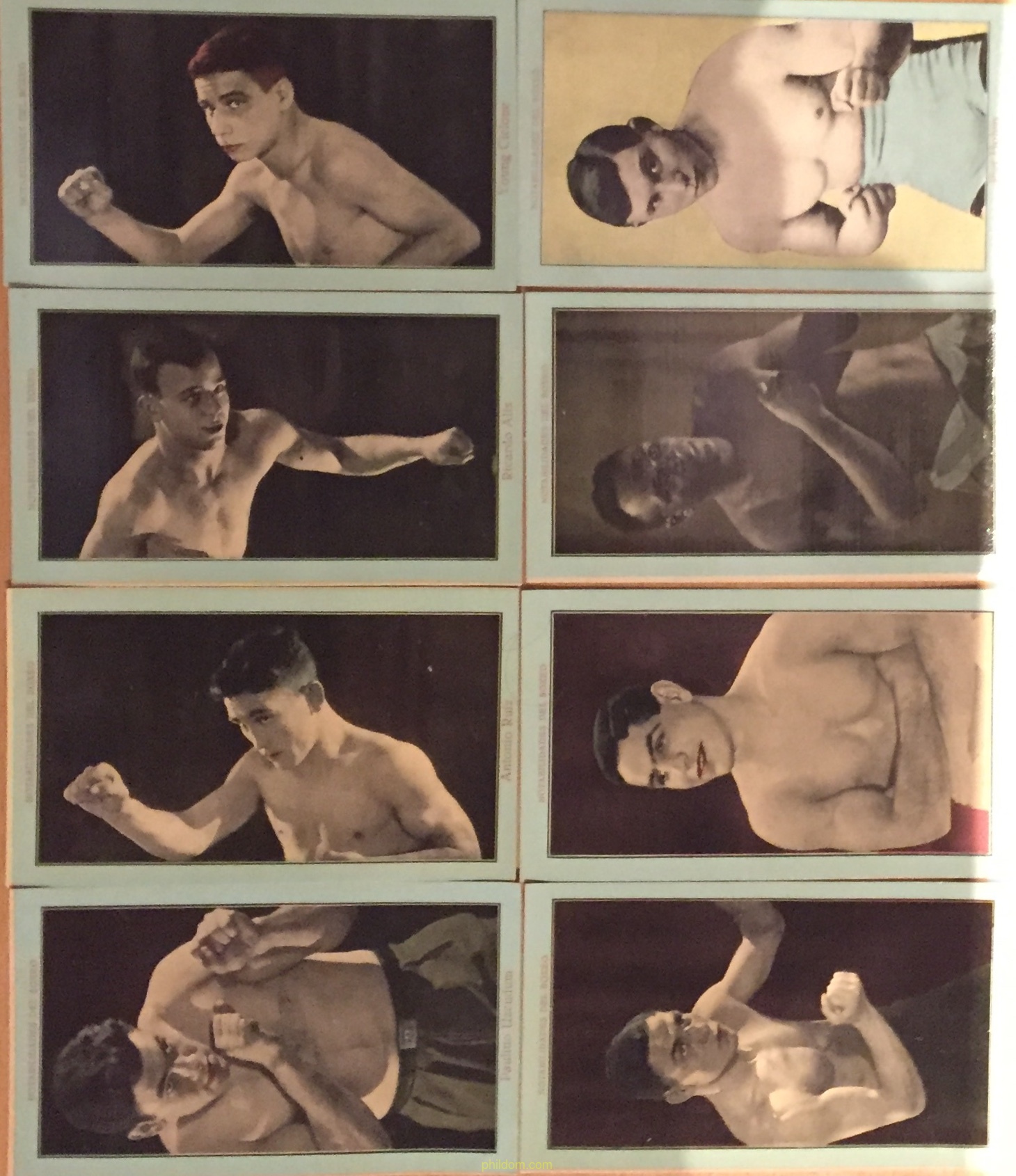 8 CROMOS NOTABILIDADES DEL BOXEO - COMPLETA - CHOCOLATES JUNCOSA PAULINO UZCUDUN, ANTONIO RUIZ, RICARDO ALIS, JOSEP LLENSAMA (Yound Ciclone), JOSE GIRONES, JIM MORAN, ALBAKER (Negro), PIET HOBIN.
