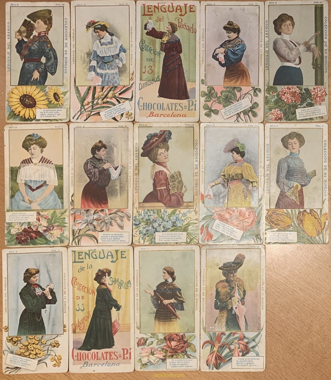 LOTE DE 14 CROMOS LENGUAJE PAÑUELO SOMBRILLA ABANICO CHOCOLATE PI BARCELONA