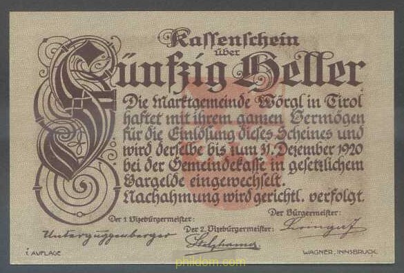 AUSTRIA MARKTGEMEINDE WÖRGL TIROL 50 HELLER 1920
