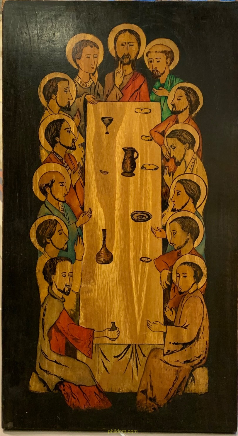 RETABLO SANTA CENA PIROGRABADO POLICROMADO AÑOS 60