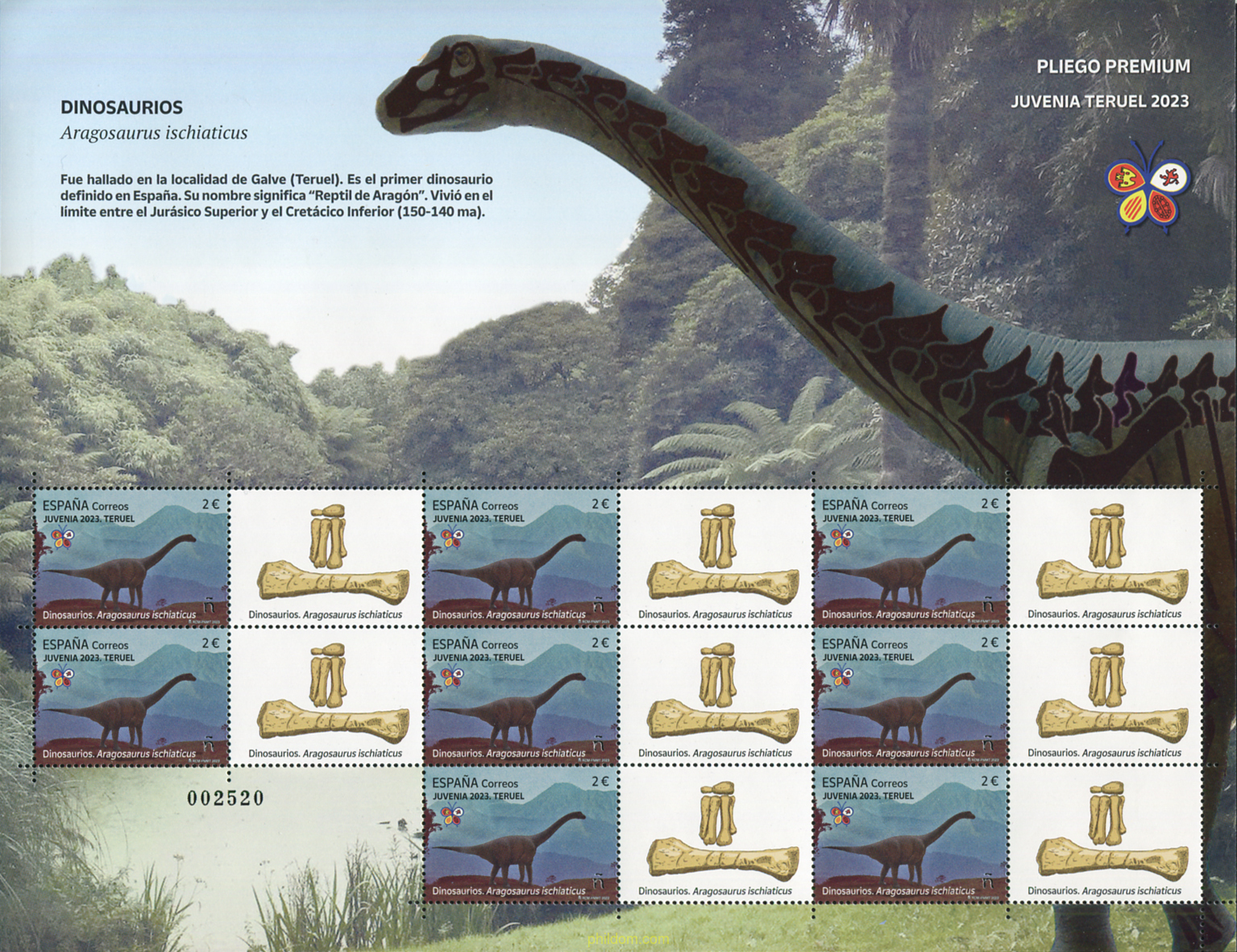 sello JUVENIA 2023. TERUEL. DINOSAURIOS. ARAGOSAURUS ISCHIATICUS. de ESPAÑA año 2023. , Nacional , Nacional