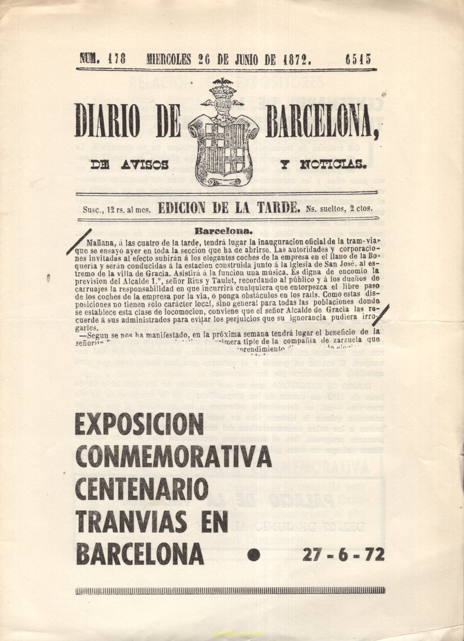 Exposicion conmemorativa centenario tranvias en Barcelona del 27-6-1972 (sin entradas)