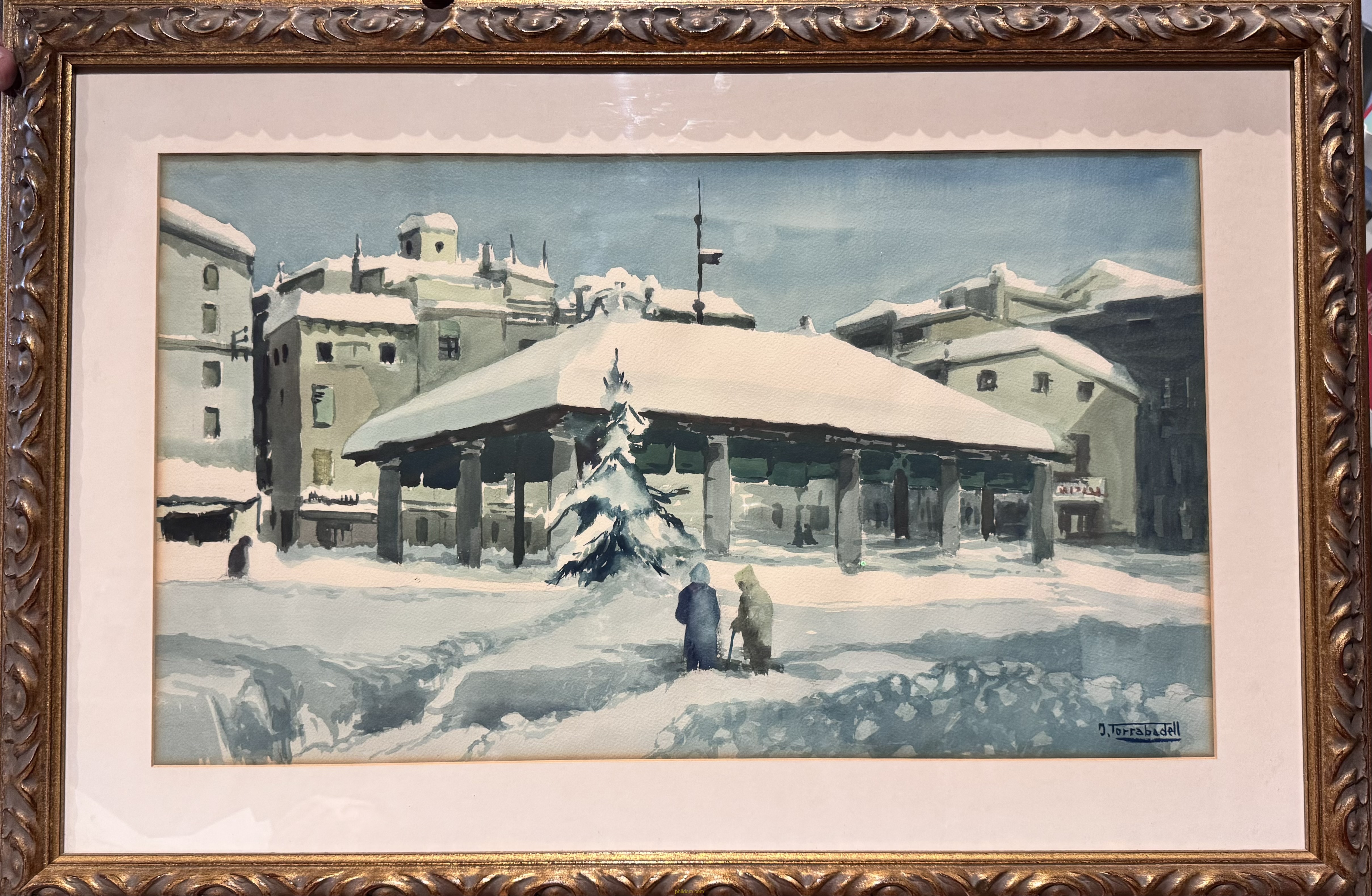 ACUARELA J.TORRABADELL - TITULO. LA PORCHADA DE GRANOLLERS NEVADA 1962 - 84x57cm