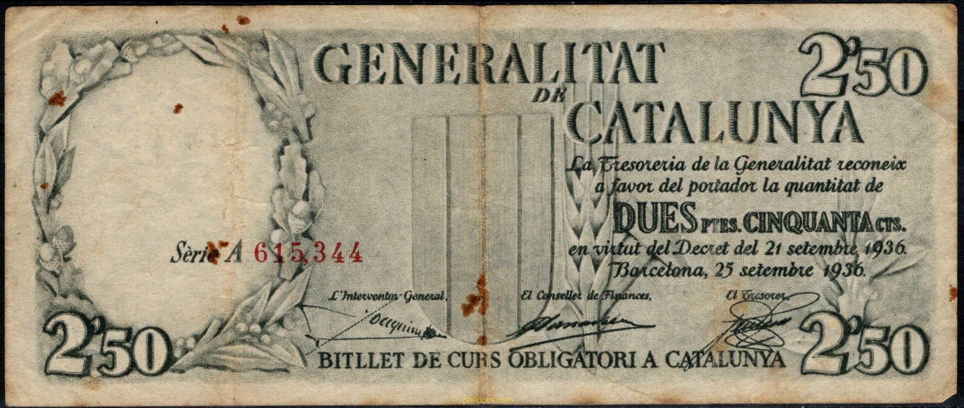 GENERALITAT DE CATALUNYA 2,50 PESETAS 1936