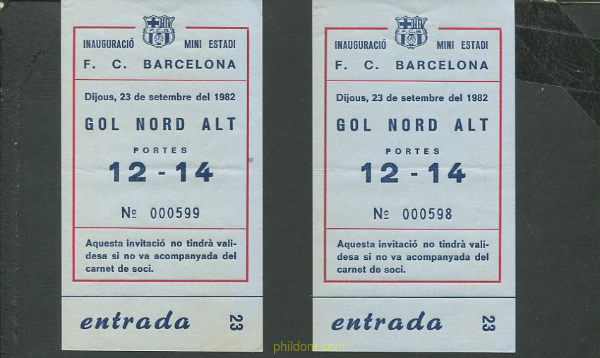 ENTRADAS FUTBOL INAUGURACION MINI ESTADI BARÇA F.C. BARCELONA 1982