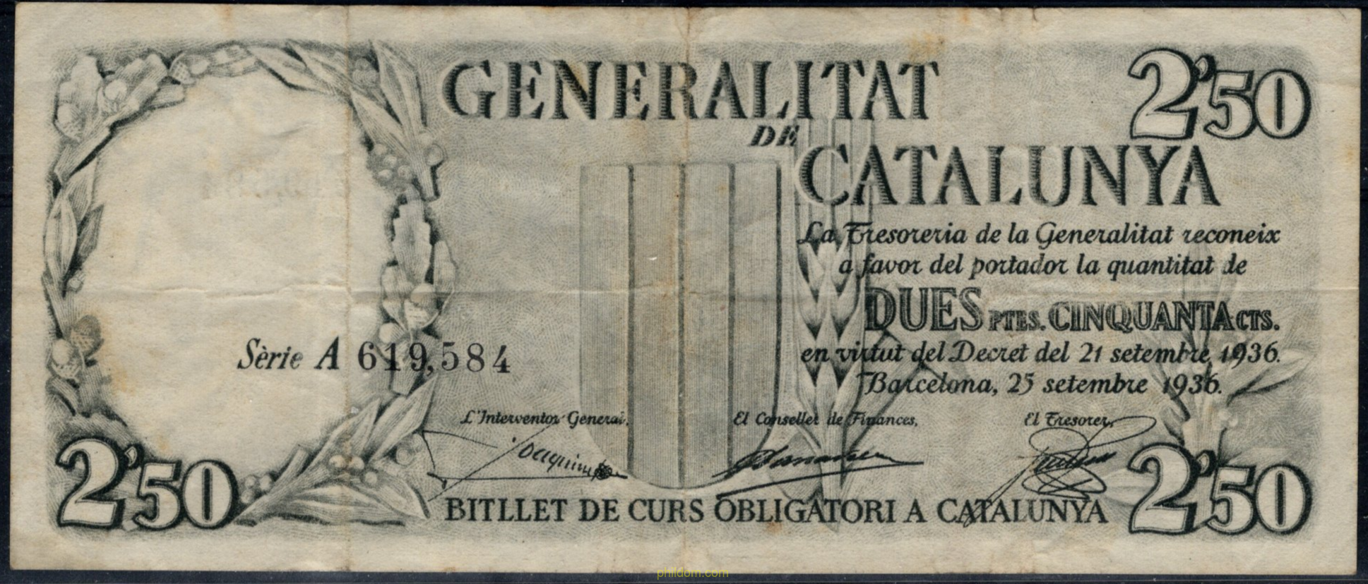 GENERALITAT DE CATALUNYA 2,50 PESETAS 1936