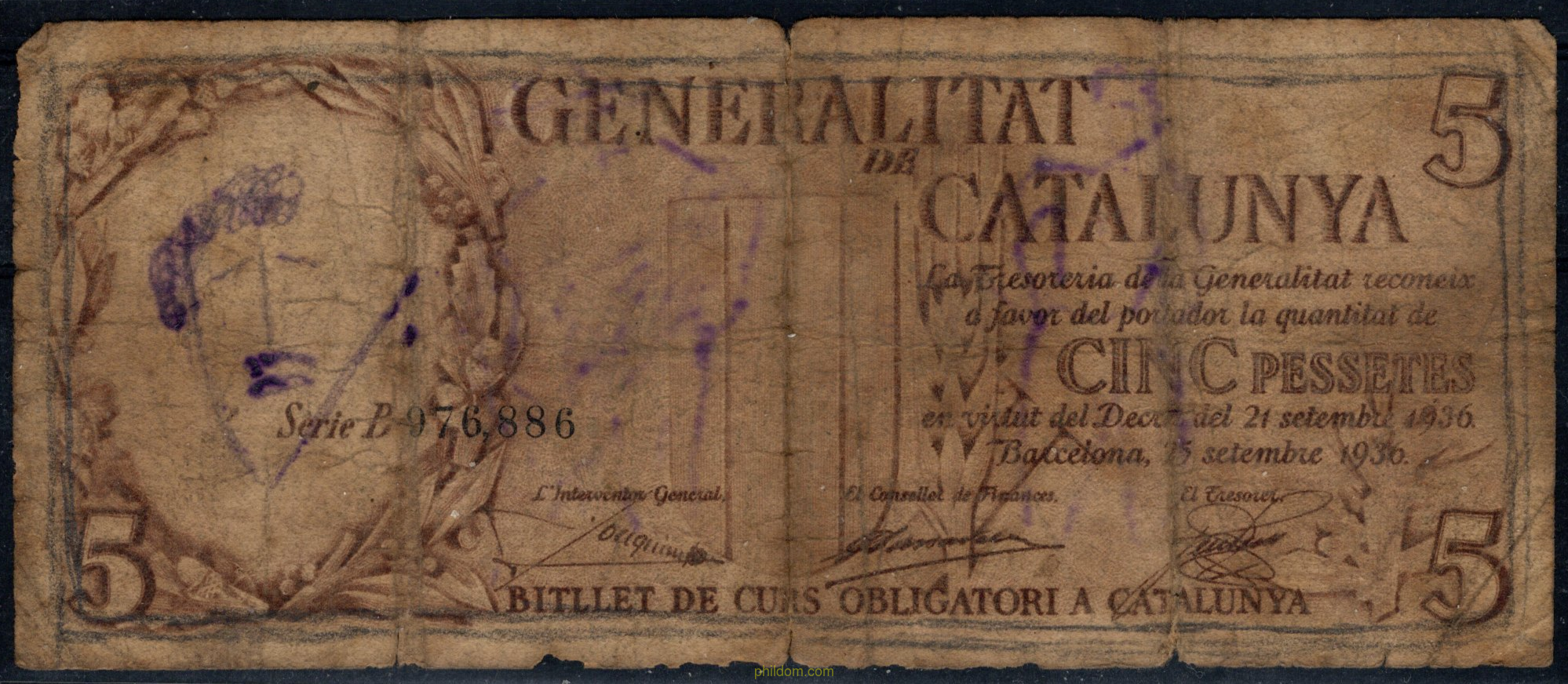 GENERALITAT DE CATALUNYA 5 PESETAS 1936