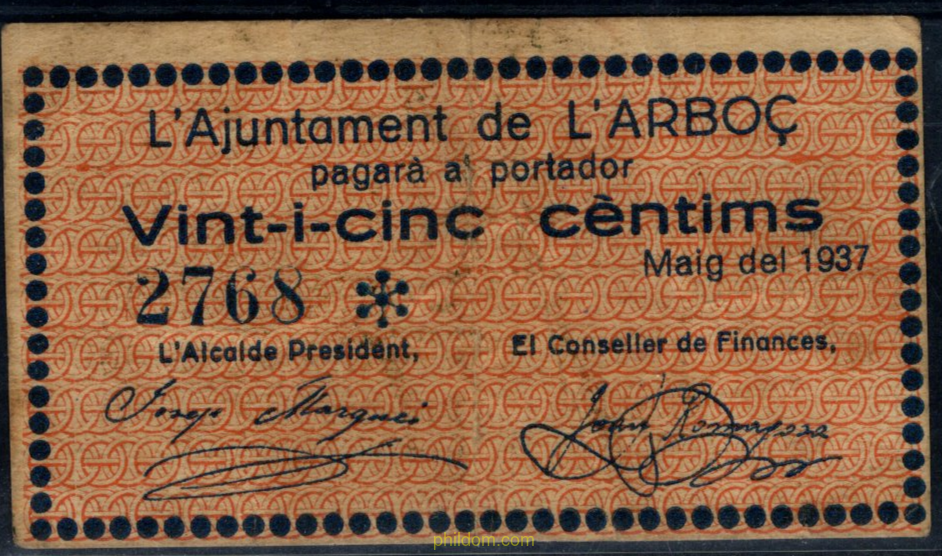 AJUNTAMENT D´ARBOÇ 25 CENTIMS 1937