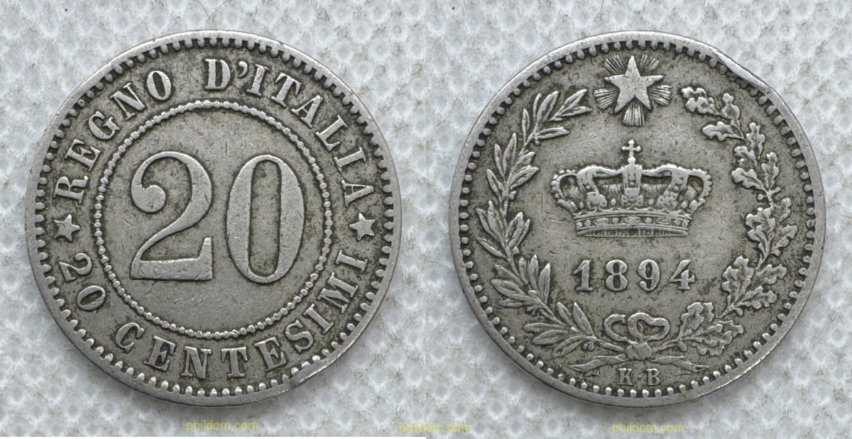 20 CENTESIMI 1894 ITALI ITALY SILVER