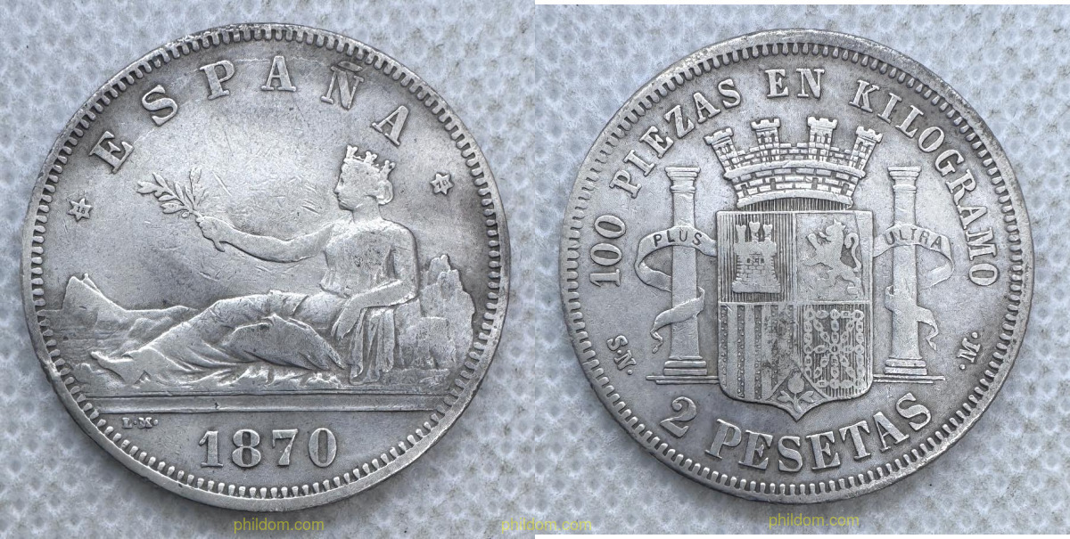 2 Pesetas Gobierno Provisional 1870 *73