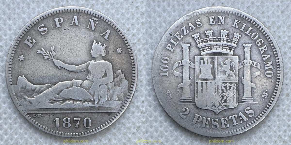 2 Pesetas Gobierno Provisional 1870 *73